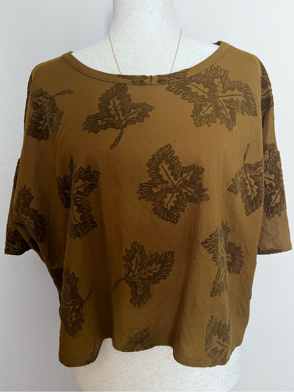 Zara Collection Olive Green Velvet Leaf Print Dolman Sleeve Top Size Large